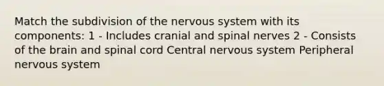 Match the subdivision of the nervous system with its components: 1 - Includes cranial and spinal nerves 2 - Consists of the brain and spinal cord Central nervous system Peripheral nervous system