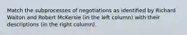 Match the subprocesses of negotiations as identified by Richard Walton and Robert McKersie (in the left column) with their descriptions (in the right column).