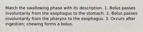 Match the swallowing phase with its description. 1. Bolus passes involuntarily from the esophagus to the stomach. 2. Bolus passes involuntarily from the pharynx to the esophagus. 3. Occurs after ingestion; chewing forms a bolus.