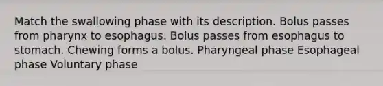 Match the swallowing phase with its description. Bolus passes from pharynx to esophagus. Bolus passes from esophagus to stomach. Chewing forms a bolus. Pharyngeal phase Esophageal phase Voluntary phase