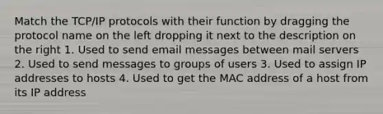 Match the TCP/IP protocols with their function by dragging the protocol name on the left dropping it next to the description on the right 1. Used to send email messages between mail servers 2. Used to send messages to groups of users 3. Used to assign IP addresses to hosts 4. Used to get the MAC address of a host from its IP address