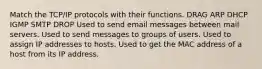 Match the TCP/IP protocols with their functions. DRAG ARP DHCP IGMP SMTP DROP Used to send email messages between mail servers. Used to send messages to groups of users. Used to assign IP addresses to hosts. Used to get the MAC address of a host from its IP address.