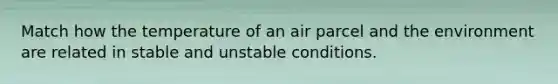 Match how the temperature of an air parcel and the environment are related in stable and unstable conditions.