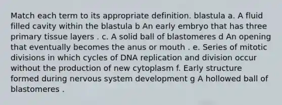 Match each term to its appropriate definition. blastula a. A fluid filled cavity within the blastula b An early embryo that has three primary tissue layers . c. A solid ball of blastomeres d An opening that eventually becomes the anus or mouth . e. Series of mitotic divisions in which cycles of DNA replication and division occur without the production of new cytoplasm f. Early structure formed during nervous system development g A hollowed ball of blastomeres .