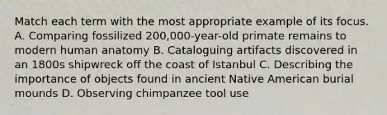 Match each term with the most appropriate example of its focus. A. Comparing fossilized 200,000-year-old primate remains to modern human anatomy B. Cataloguing artifacts discovered in an 1800s shipwreck off the coast of Istanbul C. Describing the importance of objects found in ancient Native American burial mounds D. Observing chimpanzee tool use