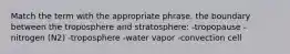 Match the term with the appropriate phrase. the boundary between the troposphere and stratosphere: -tropopause -nitrogen (N2) -troposphere -water vapor -convection cell