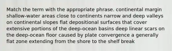 Match the term with the appropriate phrase. continental margin shallow-water areas close to continents narrow and deep valleys on continental slopes flat depositional surfaces that cover extensive portions of the deep-ocean basins deep linear scars on the deep-ocean floor caused by plate convergence a generally flat zone extending from the shore to the shelf break