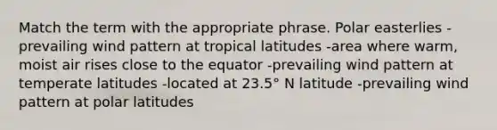 Match the term with the appropriate phrase. Polar easterlies -prevailing wind pattern at tropical latitudes -area where warm, moist air rises close to the equator -prevailing wind pattern at temperate latitudes -located at 23.5° N latitude -prevailing wind pattern at polar latitudes