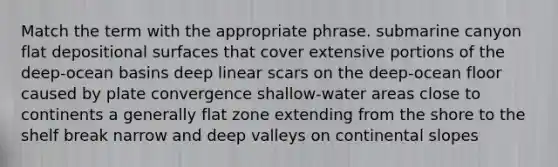 Match the term with the appropriate phrase. submarine canyon flat depositional surfaces that cover extensive portions of the deep-ocean basins deep linear scars on the deep-ocean floor caused by plate convergence shallow-water areas close to continents a generally flat zone extending from the shore to the shelf break narrow and deep valleys on continental slopes