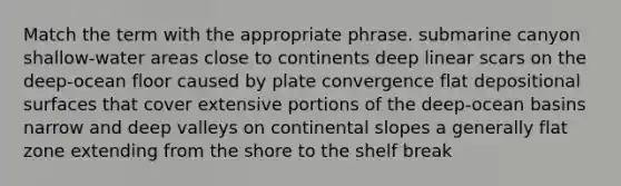 Match the term with the appropriate phrase. submarine canyon shallow-water areas close to continents deep linear scars on the deep-ocean floor caused by plate convergence flat depositional surfaces that cover extensive portions of the deep-ocean basins narrow and deep valleys on continental slopes a generally flat zone extending from the shore to the shelf break