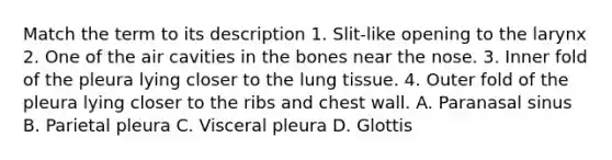 Match the term to its description 1. Slit-like opening to the larynx 2. One of the air cavities in the bones near the nose. 3. Inner fold of the pleura lying closer to the lung tissue. 4. Outer fold of the pleura lying closer to the ribs and chest wall. A. Paranasal sinus B. Parietal pleura C. Visceral pleura D. Glottis