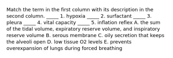 Match the term in the first column with its description in the second column. _____ 1. hypoxia _____ 2. surfactant _____ 3. pleura _____ 4. vital capacity _____ 5. inflation reflex A. the sum of the tidal volume, expiratory reserve volume, and inspiratory reserve volume B. serous membrane C. oily secretion that keeps the alveoli open D. low tissue O2 levels E. prevents overexpansion of lungs during forced breathing