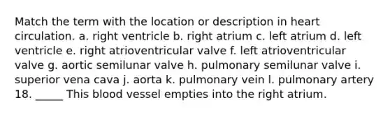 Match the term with the location or description in heart circulation. a. right ventricle b. right atrium c. left atrium d. left ventricle e. right atrioventricular valve f. left atrioventricular valve g. aortic semilunar valve h. pulmonary semilunar valve i. superior vena cava j. aorta k. pulmonary vein l. pulmonary artery 18. _____ This blood vessel empties into the right atrium.