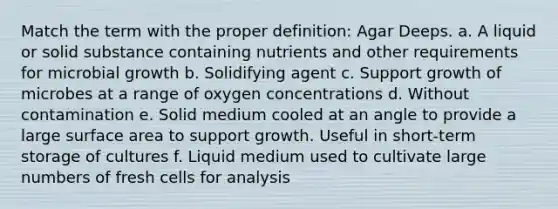 Match the term with the proper definition: Agar Deeps. a. A liquid or solid substance containing nutrients and other requirements for microbial growth b. Solidifying agent c. Support growth of microbes at a range of oxygen concentrations d. Without contamination e. Solid medium cooled at an angle to provide a large surface area to support growth. Useful in short-term storage of cultures f. Liquid medium used to cultivate large numbers of fresh cells for analysis