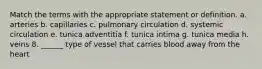 Match the terms with the appropriate statement or definition. a. arteries b. capillaries c. pulmonary circulation d. systemic circulation e. tunica adventitia f. tunica intima g. tunica media h. veins 8. ______ type of vessel that carries blood away from the heart