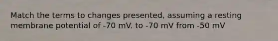 Match the terms to changes presented, assuming a resting membrane potential of -70 mV. to -70 mV from -50 mV