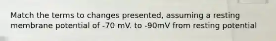 Match the terms to changes presented, assuming a resting membrane potential of -70 mV. to -90mV from resting potential