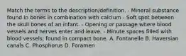 Match the terms to the description/definition. - Mineral substance found in bones in combination with calcium - Soft spot between the skull bones of an infant. - Opening or passage where blood vessels and nerves enter and leave. - Minute spaces filled with blood vessels; found in compact bone. A. Fontanelle B. Haversian canals C. Phosphorus D. Foramen