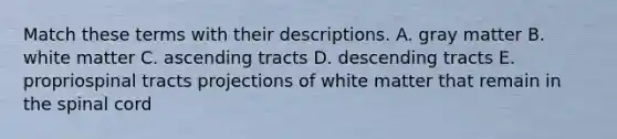 Match these terms with their descriptions. A. gray matter B. white matter C. ascending tracts D. descending tracts E. propriospinal tracts projections of white matter that remain in the spinal cord