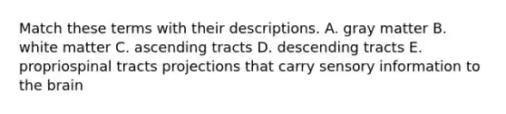 Match these terms with their descriptions. A. gray matter B. white matter C. ascending tracts D. descending tracts E. propriospinal tracts projections that carry sensory information to the brain