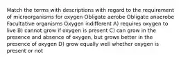 Match the terms with descriptions with regard to the requirement of microorganisms for oxygen Obligate aerobe Obligate anaerobe Facultative organisms Oxygen indifferent A) requires oxygen to live B) cannot grow if oxygen is present C) can grow in the presence and absence of oxygen, but grows better in the presence of oxygen D) grow equally well whether oxygen is present or not