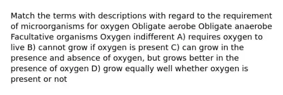 Match the terms with descriptions with regard to the requirement of microorganisms for oxygen Obligate aerobe Obligate anaerobe Facultative organisms Oxygen indifferent A) requires oxygen to live B) cannot grow if oxygen is present C) can grow in the presence and absence of oxygen, but grows better in the presence of oxygen D) grow equally well whether oxygen is present or not