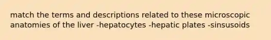 match the terms and descriptions related to these microscopic anatomies of the liver -hepatocytes -hepatic plates -sinsusoids