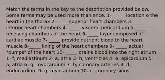 Match the terms in the key to the description provided below. Some terms may be used more than once. 1- _____ location o the heart in the thorax 2-_____ superior heart chambers 3-_____ inferior heart chambers 4- _____ visceral pericardium 5-_____ receiving chambers of the heart 6-_____ layer composed of cardiac muscle 7- _____ provide nutrient blood to the heart muscle 8-_____ lining of the heart chambers 9- _____ actual "pumps" of the heart 10- _____ drains blood into the right atrium 1- f; mediastinum 2- a; atria 3- h; ventricles 4- e; epicardium 5- a; atria 6- g; myocardium 7- b; coronary arteries 8- d; endocardium 9- g; myocardium 10- c; coronary sinus