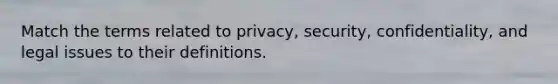 Match the terms related to privacy, security, confidentiality, and legal issues to their definitions.