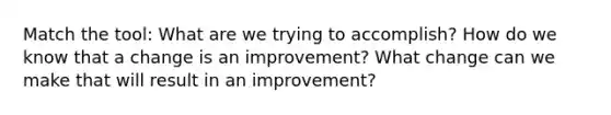 Match the tool: What are we trying to accomplish? How do we know that a change is an improvement? What change can we make that will result in an improvement?