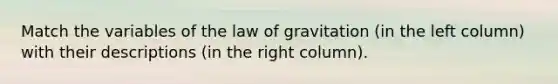 Match the variables of the law of gravitation (in the left column) with their descriptions (in the right column).