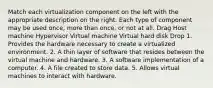 Match each virtualization component on the left with the appropriate description on the right. Each type of component may be used once, more than once, or not at all. Drag Host machine Hypervisor Virtual machine Virtual hard disk Drop 1. Provides the hardware necessary to create a virtualized environment. 2. A thin layer of software that resides between the virtual machine and hardware. 3. A software implementation of a computer. 4. A file created to store data. 5. Allows virtual machines to interact with hardware.