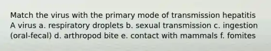 Match the virus with the primary mode of transmission hepatitis A virus a. respiratory droplets b. sexual transmission c. ingestion (oral-fecal) d. arthropod bite e. contact with mammals f. fomites