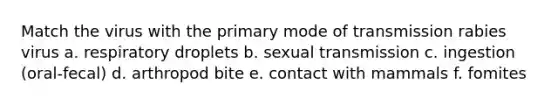 Match the virus with the primary mode of transmission rabies virus a. respiratory droplets b. sexual transmission c. ingestion (oral-fecal) d. arthropod bite e. contact with mammals f. fomites