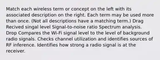 Match each wireless term or concept on the left with its associated description on the right. Each term may be used more than once. (Not all descriptions have a matching term.) Drag Recived singal level Signal-to-noise ratio Spectrum analysis. Drop Compares the Wi-Fi signal level to the level of background radio signals. Checks channel utilization and identifies sources of RF inference. Identifies how strong a radio signal is at the receiver.