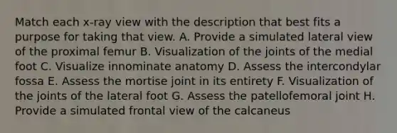 Match each x-ray view with the description that best fits a purpose for taking that view. A. Provide a simulated lateral view of the proximal femur B. Visualization of the joints of the medial foot C. Visualize innominate anatomy D. Assess the intercondylar fossa E. Assess the mortise joint in its entirety F. Visualization of the joints of the lateral foot G. Assess the patellofemoral joint H. Provide a simulated frontal view of the calcaneus