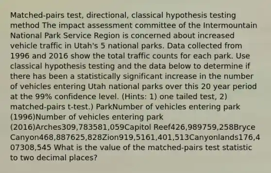 Matched-pairs test, directional, classical hypothesis testing method The impact assessment committee of the Intermountain National Park Service Region is concerned about increased vehicle traffic in Utah's 5 national parks. Data collected from 1996 and 2016 show the total traffic counts for each park. Use classical hypothesis testing and the data below to determine if there has been a statistically significant increase in the number of vehicles entering Utah national parks over this 20 year period at the 99% confidence level. (Hints: 1) one tailed test, 2) matched-pairs t-test.) ParkNumber of vehicles entering park (1996)Number of vehicles entering park (2016)Arches309,783581,059Capitol Reef426,989759,258Bryce Canyon468,887625,828Zion919,5161,401,513Canyonlands176,407308,545 What is the value of the matched-pairs test statistic to two decimal places?