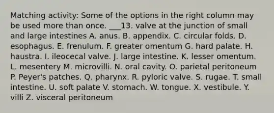 Matching activity: Some of the options in the right column may be used <a href='https://www.questionai.com/knowledge/keWHlEPx42-more-than' class='anchor-knowledge'>more than</a> once. ___13. valve at the junction of small and <a href='https://www.questionai.com/knowledge/kGQjby07OK-large-intestine' class='anchor-knowledge'>large intestine</a>s A. anus. B. appendix. C. circular folds. D. esophagus. E. frenulum. F. greater omentum G. hard palate. H. haustra. I. ileocecal valve. J. large intestine. K. lesser omentum. L. mesentery M. microvilli. N. oral cavity. O. parietal peritoneum P. Peyer's patches. Q. pharynx. R. pyloric valve. S. rugae. T. small intestine. U. soft palate V. stomach. W. tongue. X. vestibule. Y. villi Z. visceral peritoneum