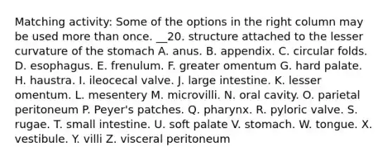 Matching activity: Some of the options in the right column may be used more than once. __20. structure attached to the lesser curvature of the stomach A. anus. B. appendix. C. circular folds. D. esophagus. E. frenulum. F. greater omentum G. hard palate. H. haustra. I. ileocecal valve. J. large intestine. K. lesser omentum. L. mesentery M. microvilli. N. oral cavity. O. parietal peritoneum P. Peyer's patches. Q. pharynx. R. pyloric valve. S. rugae. T. small intestine. U. soft palate V. stomach. W. tongue. X. vestibule. Y. villi Z. visceral peritoneum