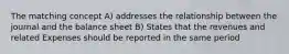 The matching concept A) addresses the relationship between the journal and the balance sheet B) States that the revenues and related Expenses should be reported in the same period