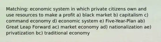 Matching: economic system in which private citizens own and use resources to make a profit a) black market b) capitalism c) command economy d) economic system e) Five-Year-Plan ab) Great Leap Forward ac) market economy ad) nationalization ae) privatization bc) traditional economy