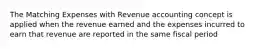 The Matching Expenses with Revenue accounting concept is applied when the revenue earned and the expenses incurred to earn that revenue are reported in the same fiscal period