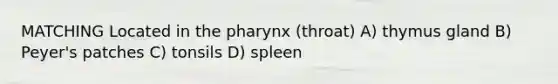 MATCHING Located in <a href='https://www.questionai.com/knowledge/ktW97n6hGJ-the-pharynx' class='anchor-knowledge'>the pharynx</a> (throat) A) thymus gland B) Peyer's patches C) tonsils D) spleen