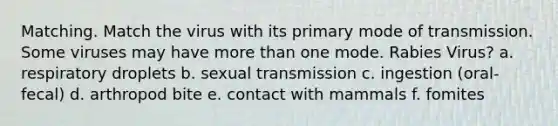Matching. Match the virus with its primary mode of transmission. Some viruses may have more than one mode. Rabies Virus? a. respiratory droplets b. sexual transmission c. ingestion (oral-fecal) d. arthropod bite e. contact with mammals f. fomites