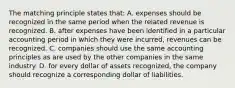 The matching principle states that: A. expenses should be recognized in the same period when the related revenue is recognized. B. after expenses have been identified in a particular accounting period in which they were incurred, revenues can be recognized. C. companies should use the same accounting principles as are used by the other companies in the same industry. D. for every dollar of assets recognized, the company should recognize a corresponding dollar of liabilities.