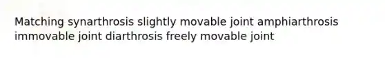 Matching synarthrosis slightly movable joint amphiarthrosis immovable joint diarthrosis freely movable joint