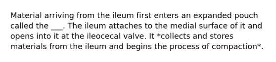 Material arriving from the ileum first enters an expanded pouch called the ___. The ileum attaches to the medial surface of it and opens into it at the ileocecal valve. It *collects and stores materials from the ileum and begins the process of compaction*.