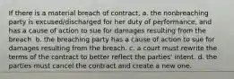 If there is a material breach of contract, a. the nonbreaching party is excused/discharged for her duty of performance, and has a cause of action to sue for damages resulting from the breach. b. the breaching party has a cause of action to sue for damages resulting from the breach. c. a court must rewrite the terms of the contract to better reflect the parties' intent. d. the parties must cancel the contract and create a new one.