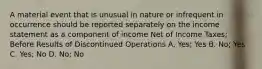 A material event that is unusual in nature or infrequent in occurrence should be reported separately on the income statement as a component of income Net of Income Taxes; Before Results of Discontinued Operations A. Yes; Yes B. No; Yes C. Yes; No D. No; No