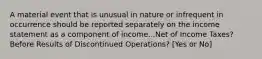 A material event that is unusual in nature or infrequent in occurrence should be reported separately on the income statement as a component of income...Net of Income Taxes? Before Results of Discontinued Operations? [Yes or No]